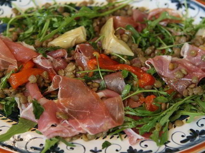 Рецепт чечевицы с артишоками, сладким перцем и ветчиной