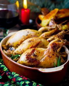 Фаршированные перепела со спагетти и овощами