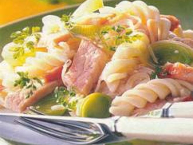 Рецепт макарон с сыром, луком-пореем и свиной грудинкой