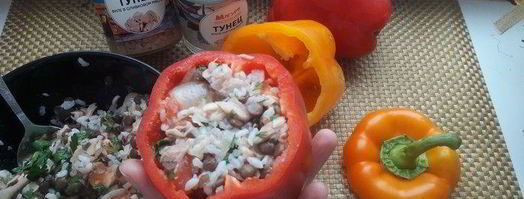 запеченные перцы с тунцом, рисом и чечевицей. Шаг 7