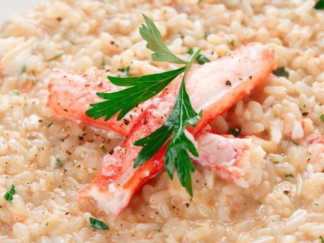 Рецепт ризотто с крабовым мясом, шафраном и баклажанами