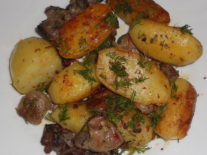 Рецепт жаркого из картофеля и куриных желудков