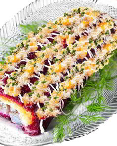 Рулет сельдь под шубой с маринованным луком