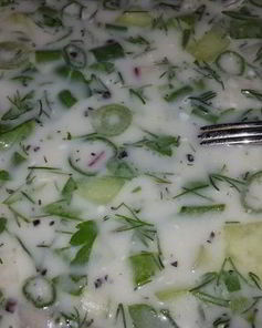 Окрошка на турецком айране и минералке с горчицей