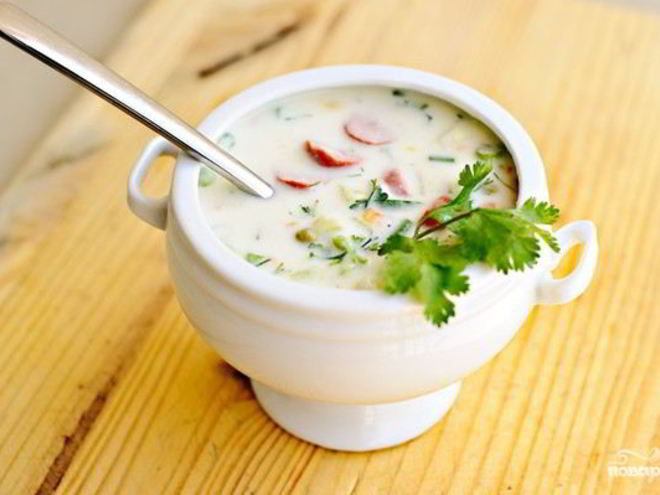 Рецепт окрошки с сосисками