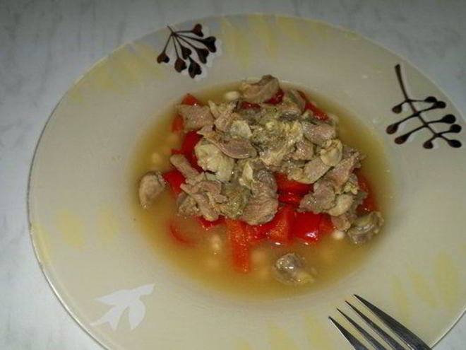 Рецепт похлебки с куриными желудками и бедром индейки со сладким перцем