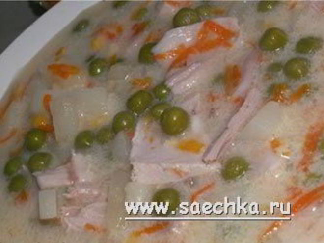 Рецепт сырного супа с горошком и кукурузой