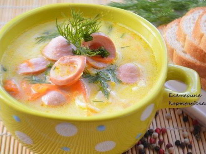 Рецепт сырного супа с сосисками