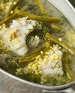 Уха с пшеном, зеленой фасолью и водкой