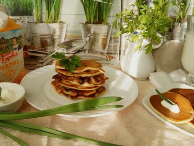 Рецепт блинчиков на ряженке с куриным припеком