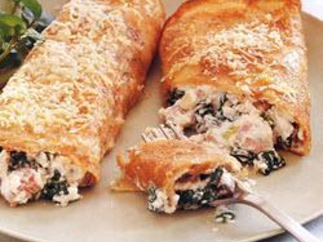 Рецепт блинчиков с начинкой из ветчины, грибов и шпината