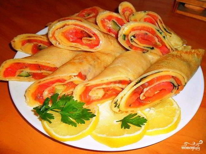 Рецепт блинчиков с семгой и сыром