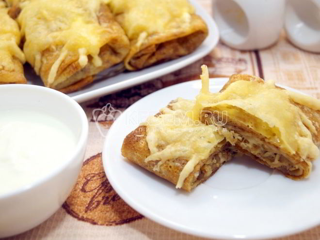 Рецепт запеченных блинов с курицей и грибами