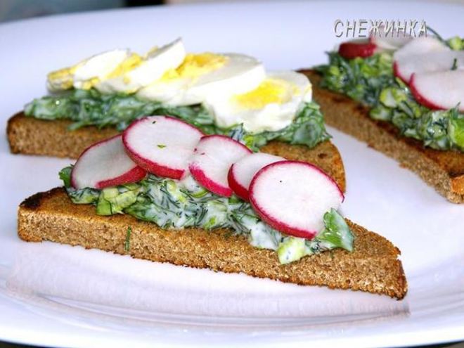 Рецепт тостов с руколой и яйцом, зеленью и редисом